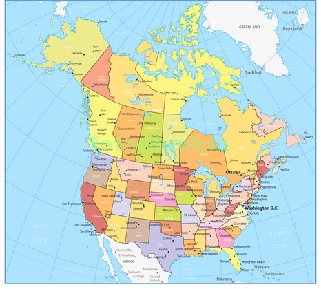 Карта сша и Канады в штатах