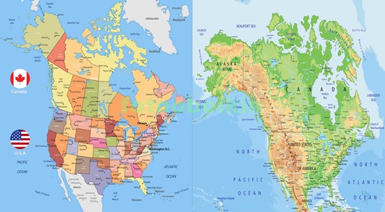 Карты США и Канады в штатах цветная