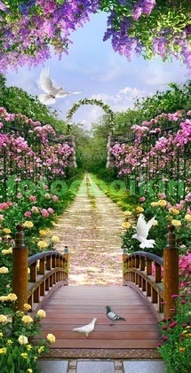 Мостик в сад с цветами