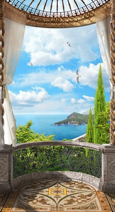 Балкон с видом на голубое море и птиц