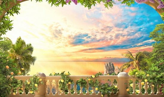 Вид с балкона на закат и синее небо