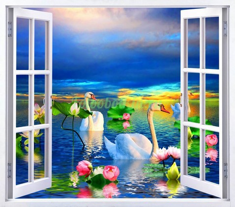 Фотоштора Окно с видом на лебедей