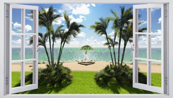 Окно с видом на пляж и пальмы