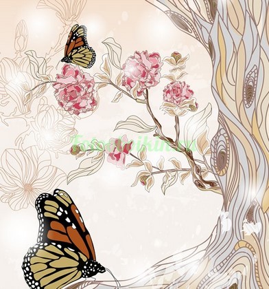 Фотообои Бабочки на цветущем дереве