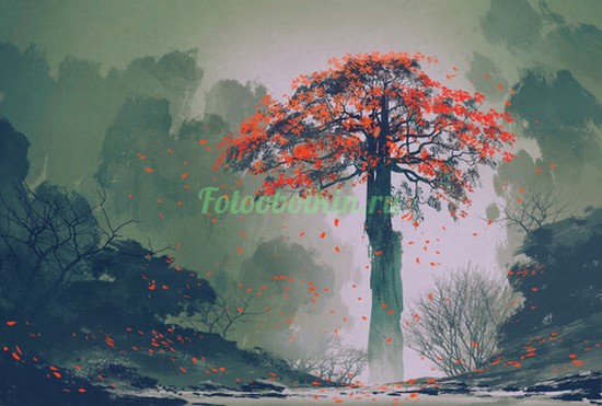Фотоштора Старое дерево с красными листьями