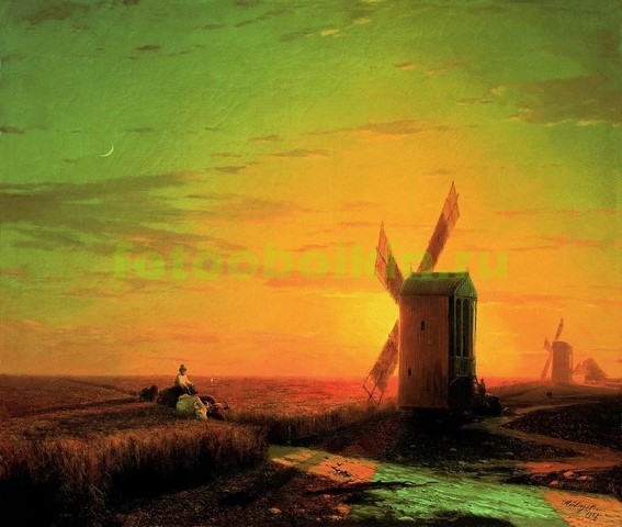 Модульная картина rep10187 Ветряные мельницы в украинскойСтепи при закате солнца 1862