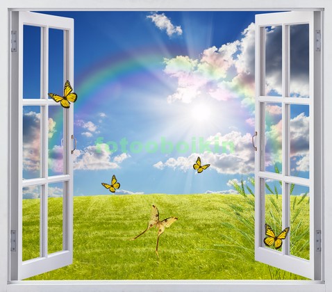 Модульная картина Окно на полянку с бабочками