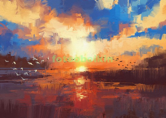 Модульная картина Закат на озере