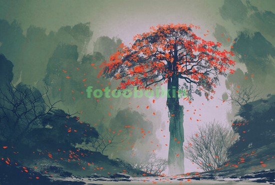 Модульная картина Старое дерево с красными листьями