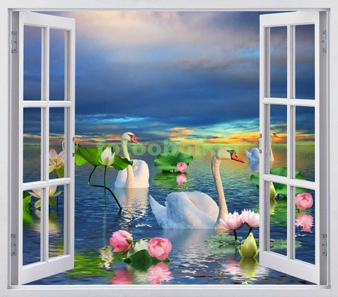 Модульная картина Окно с видом на озеро и лотосы