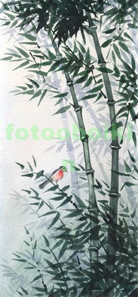 Модульная картина Бамбук с красной птичкой