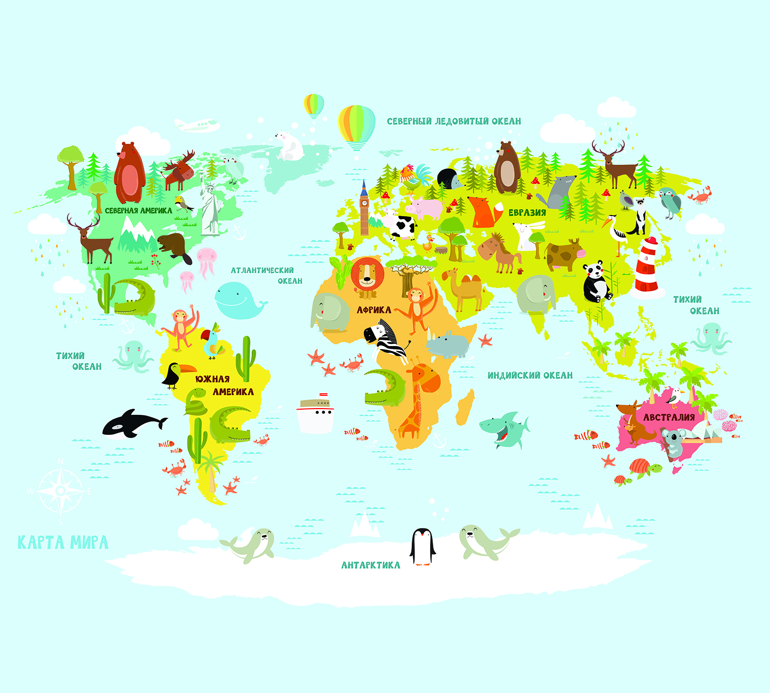 Фотообои флизелиновые Fotooboikin  » Карта мира с животными» 300х270
